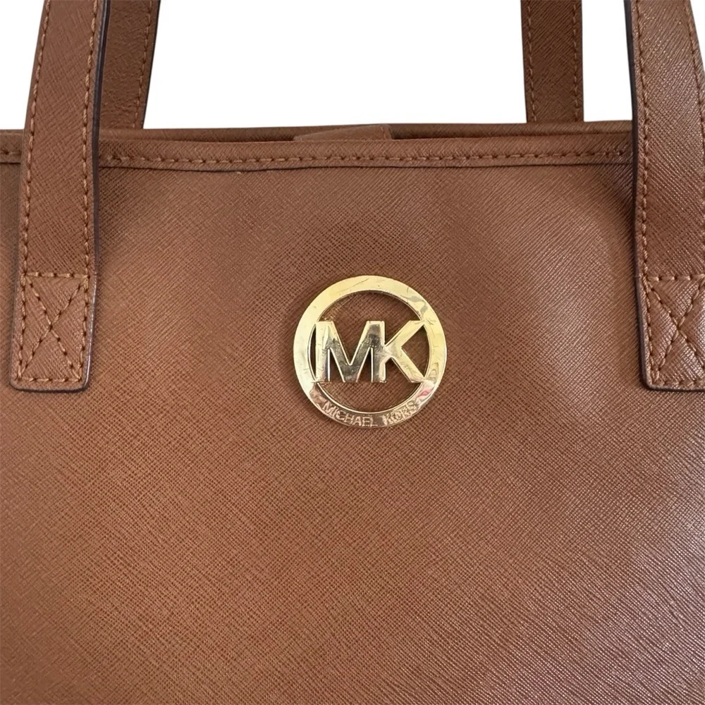 MICHAEL KORS Brown Saffiano Leather Travel Tote Bag + Gold MK Logo